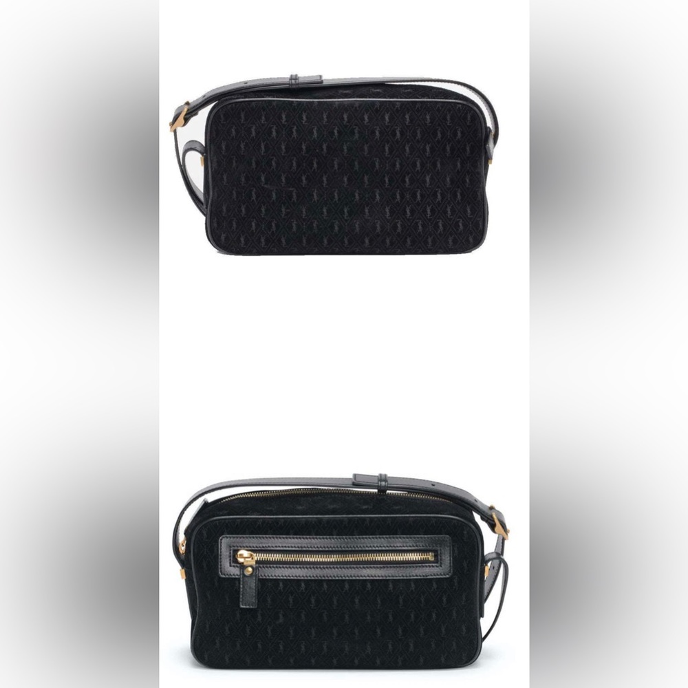 SAINT LAURENT YSL KING PALM SUEDE MONOGRAM BLACK CAMERA BAG (Good condition)